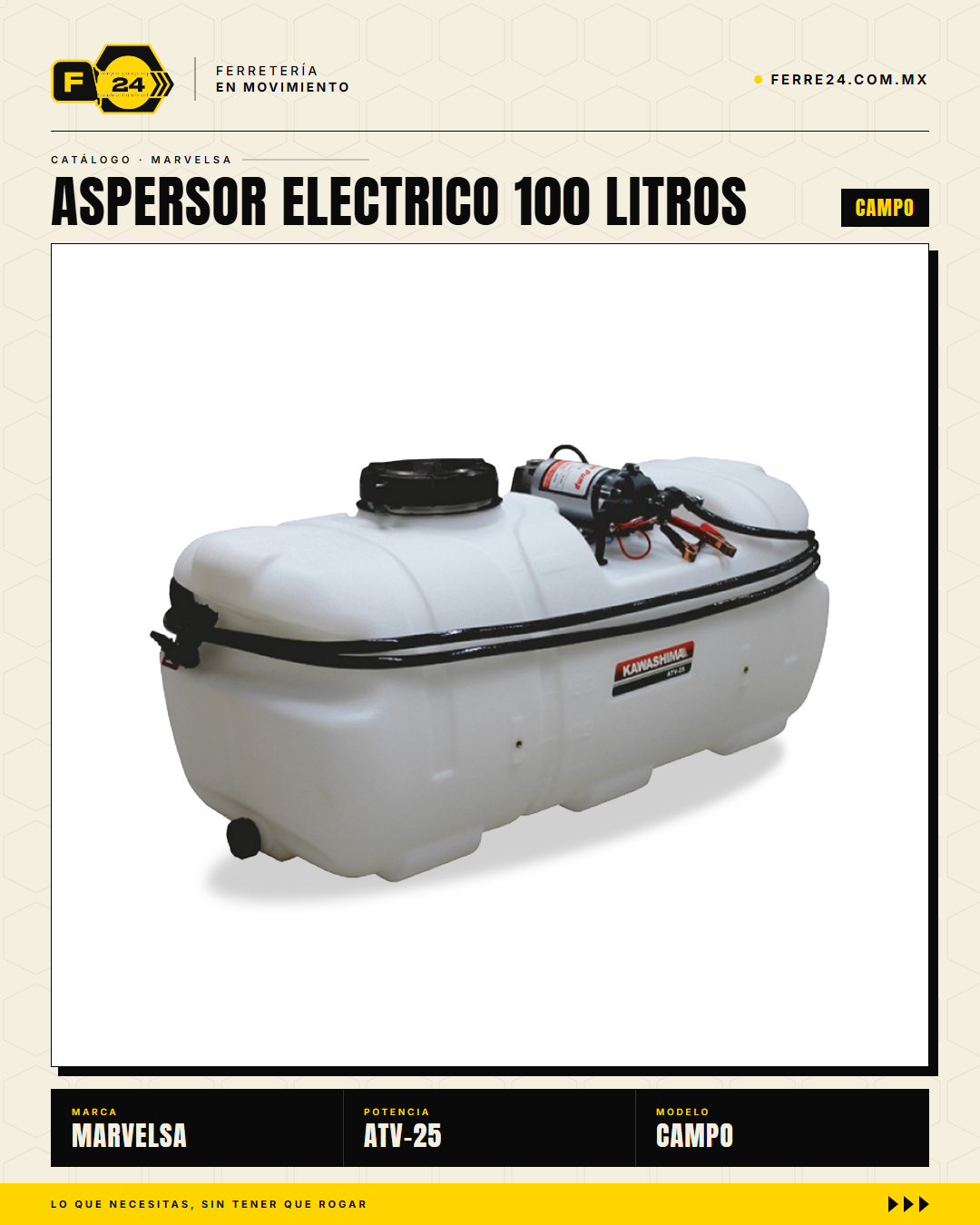 Kawashima ATV-25 — Aspersor Eléctrico 100 Litros. Sin ruido. Sin humo. Sin esfuerzo. · sec_013