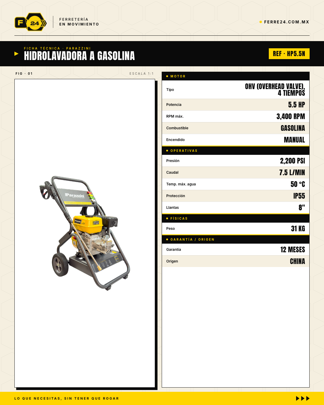 Hidrolavadora a Gasolina Parazzini HP5.5 — 2,200 PSI / 5.5 HP / 4 Tiempos · specs