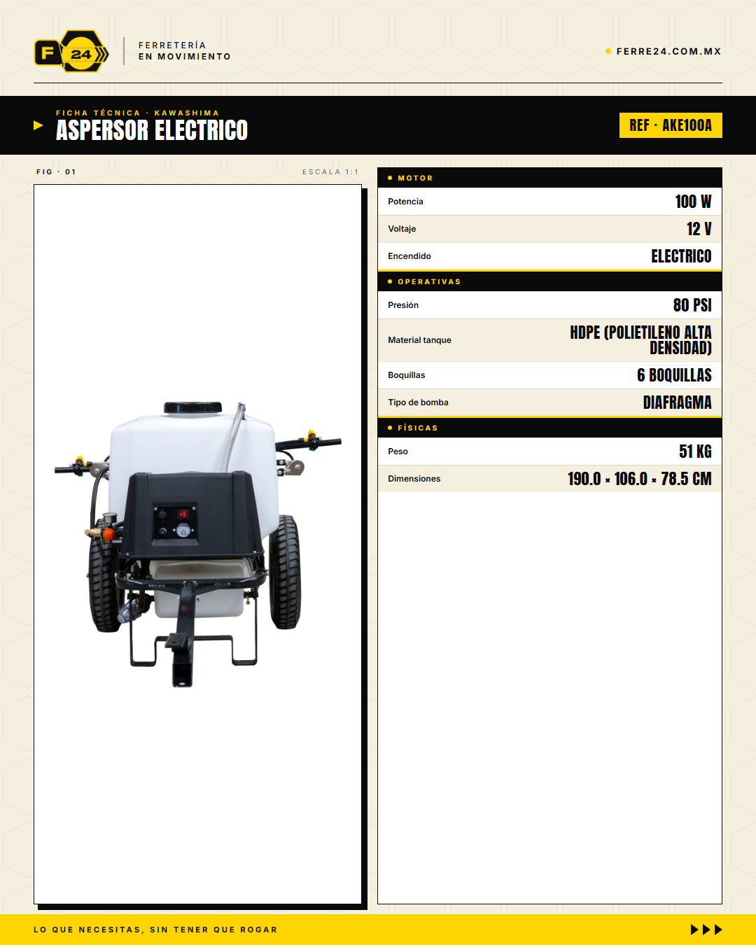 Aspersor Remolque Eléctrico Kawashima 100L — 80 PSI · specs