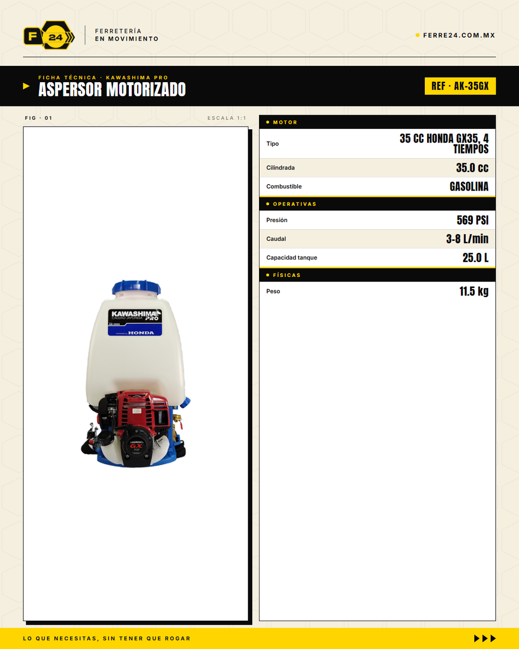 Aspersor de Mochila 35 cc — Motor Honda GX35, Tanque de 25 L · specs
