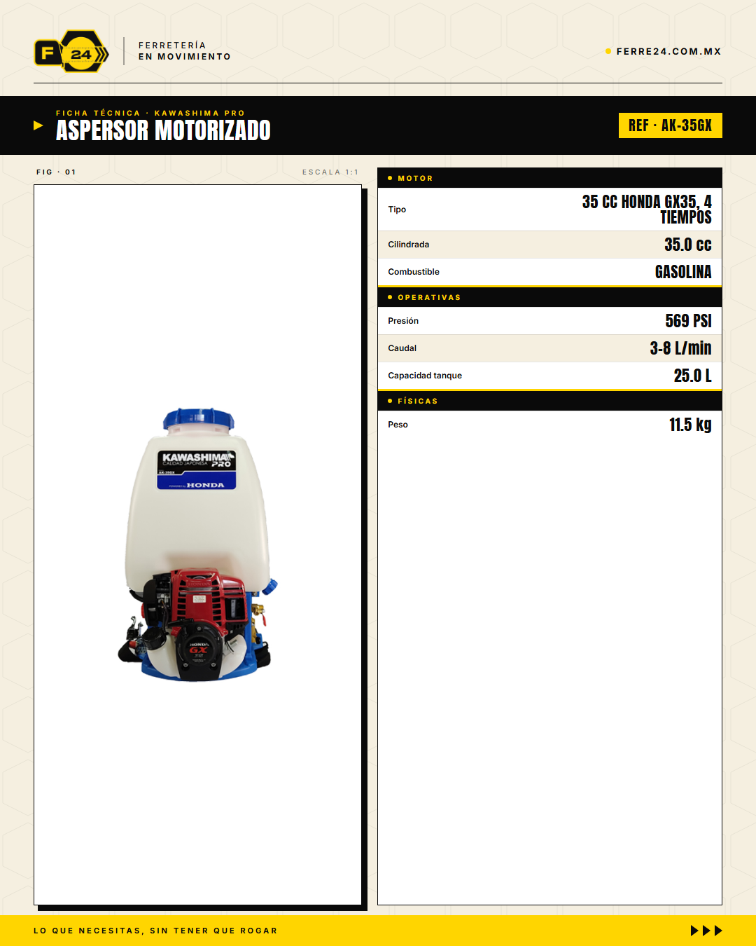 Aspersor de Mochila 35 cc — Motor Honda GX35, Tanque de 25 L · specs
