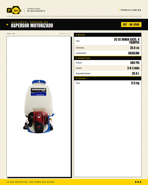 Aspersor de Mochila 35 cc — Motor Honda GX35, Tanque de 25 L · specs