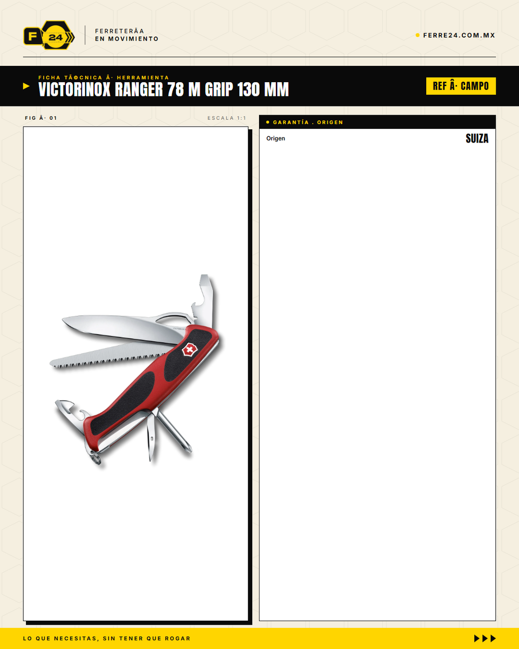 Victorinox Ranger 78 M Grip 130mm — Navaja 21 Funciones Hoja de Seguridad — ficha técnica