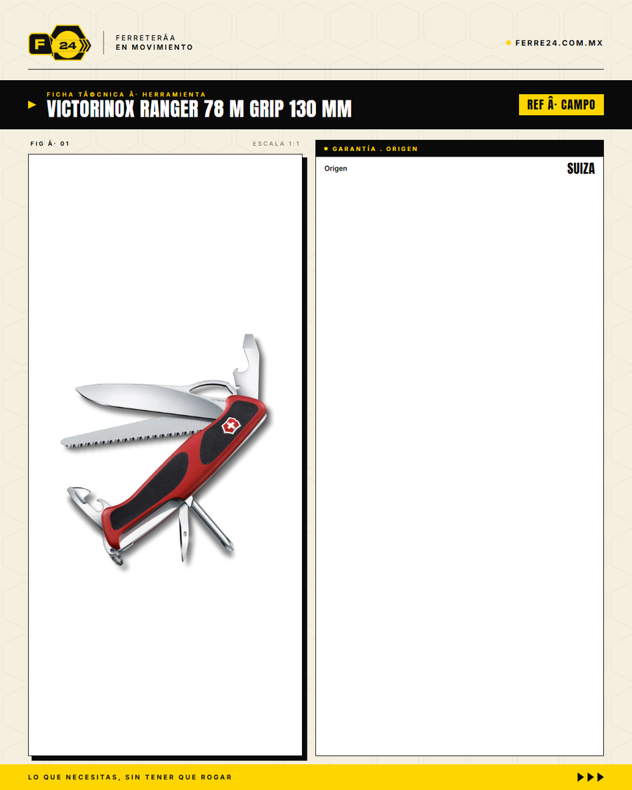 Victorinox Ranger 78 M Grip 130mm — Navaja 21 Funciones Hoja de Seguridad — ficha técnica