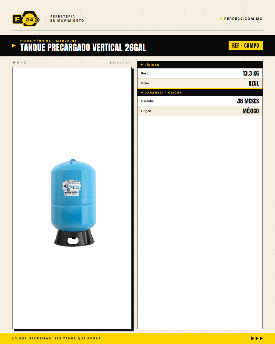 Tanque Precargado AQUA PAK XLB26 — 26 Galones, 130 PSI, Garantía 4 Años · specs