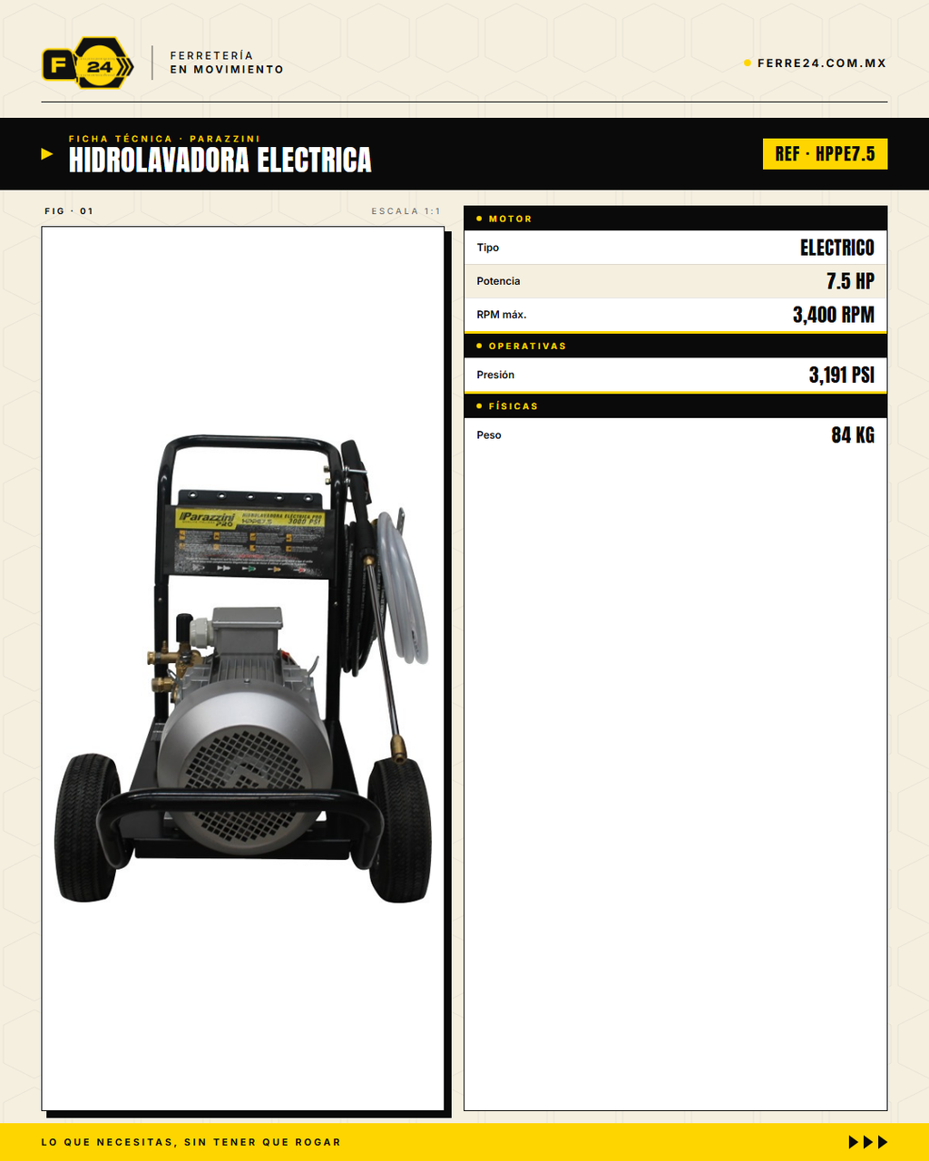 Hidrolavadora Industrial Trifásica 5.5 kW · 3,191 PSI Parazzini Pro · specs