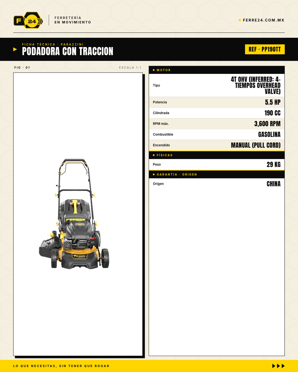 Podadora Autopropulsada 190cc — Corte 21" y Bolsa 65L · specs