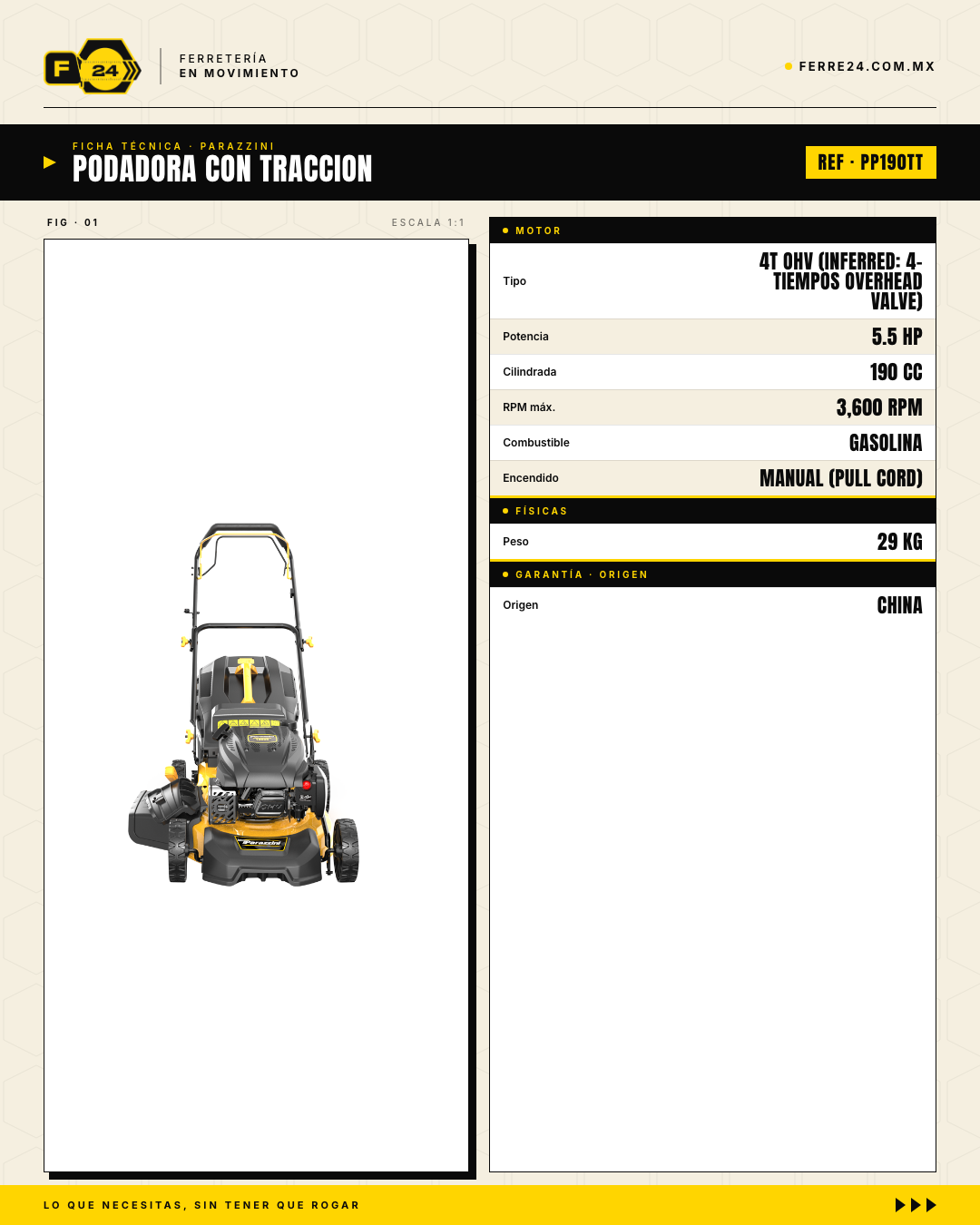 Podadora Autopropulsada 190cc — Corte 21" y Bolsa 65L · specs