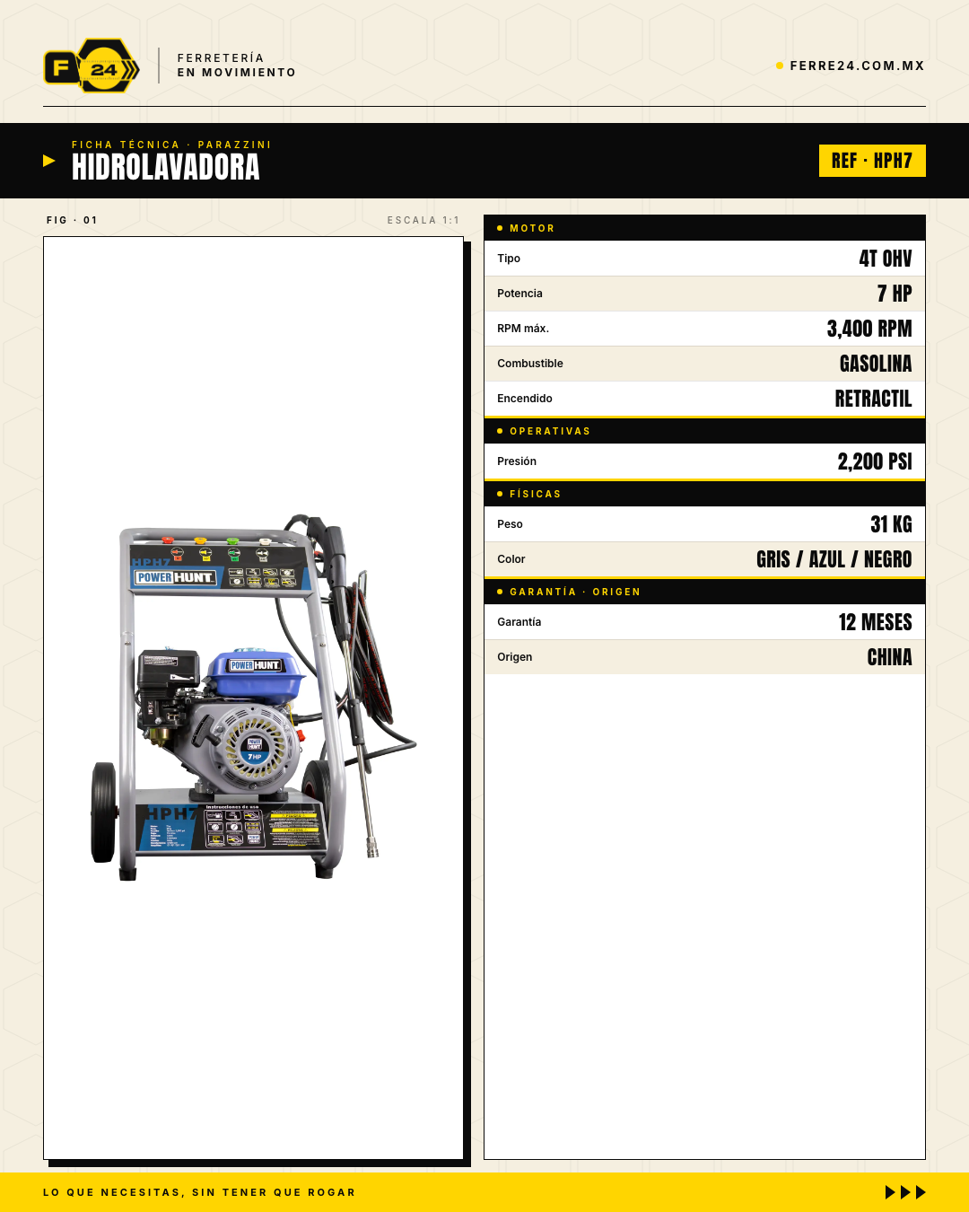 Hidrolavadora Power Hunt HPH7 — 7 HP, 2,200 PSI, sin corriente · specs