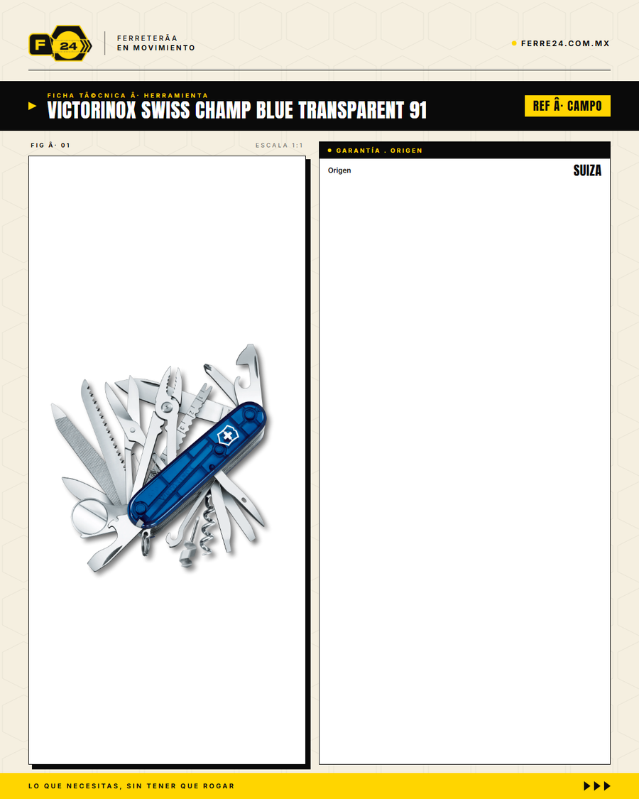 Victorinox Swiss Champ 91mm Azul Transparente — Navaja Multiusos 33 Funciones — ficha técnica