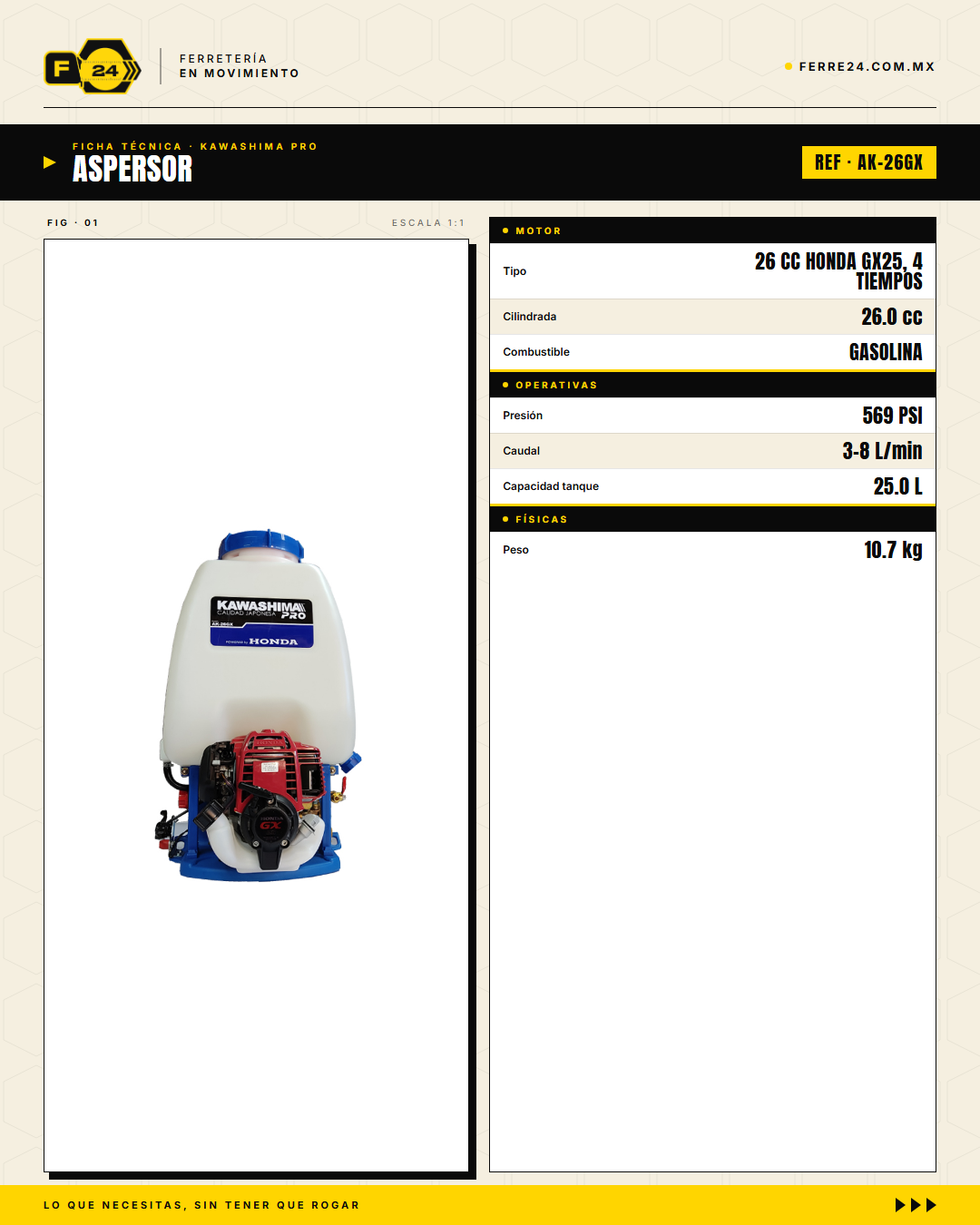 Aspersor de Mochila 26 cc — Motor Honda GX25, Tanque de 25 L · specs