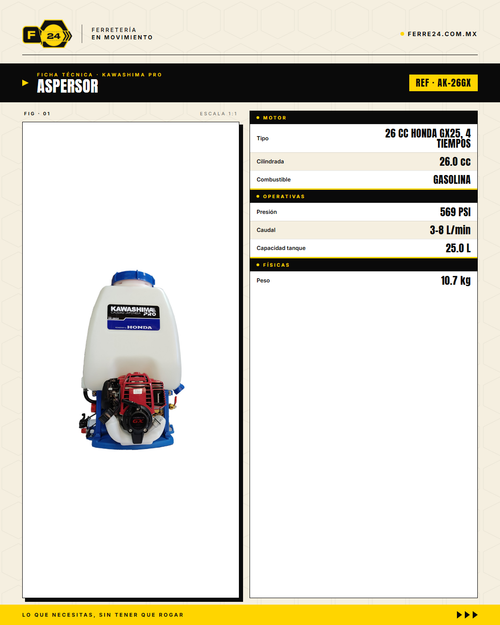 Aspersor de Mochila 26 cc — Motor Honda GX25, Tanque de 25 L · specs