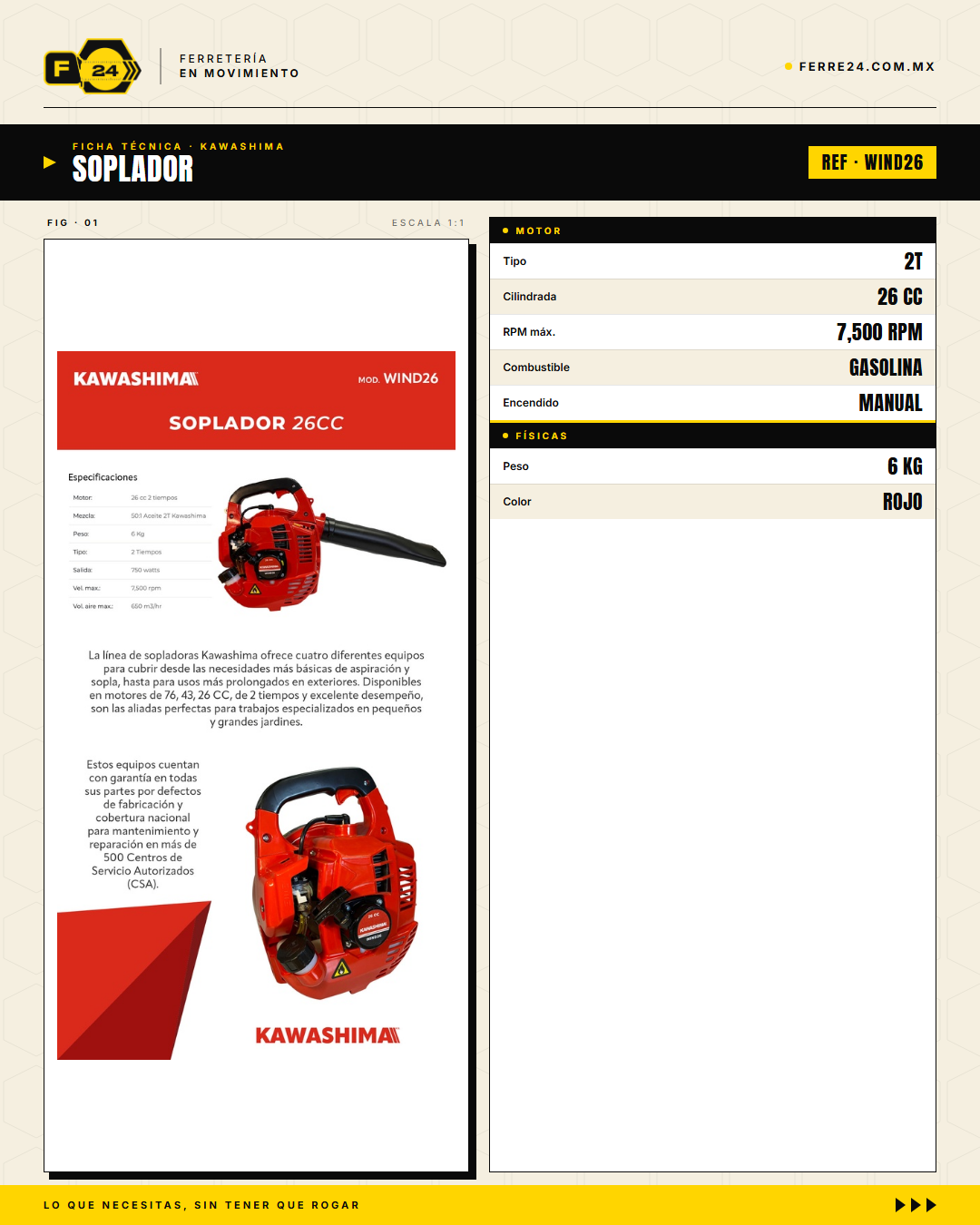 Soplador Kawashima 26 cc — Motor 2T, 650 m³/h, Encendido Manual · specs