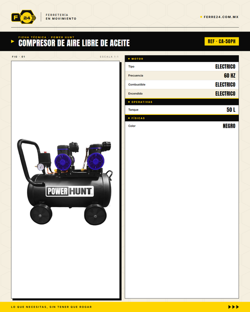 Compresor Power Hunt 50 L — Oil-Free, Doble Motor · specs