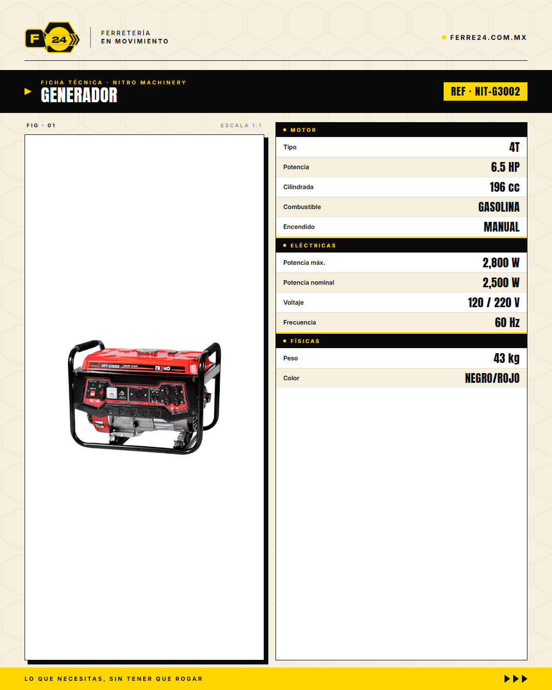 Generador a gasolina 2,800 W Nitro Machinery NIT-G3002 · specs