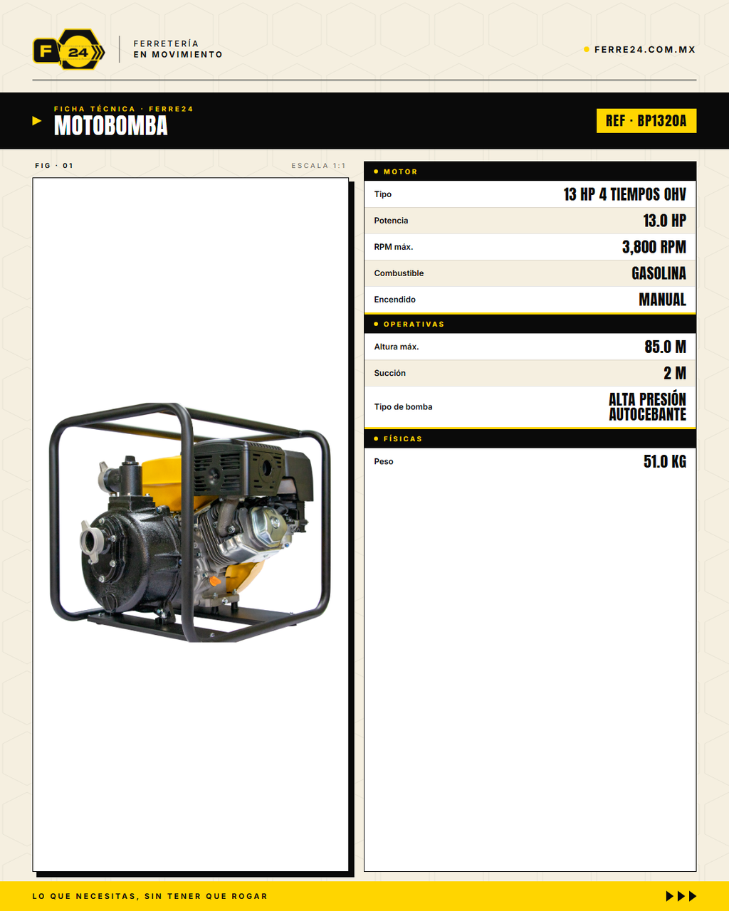 Motobomba Alta Presión 13 HP — 2", 85 m de Altura · specs