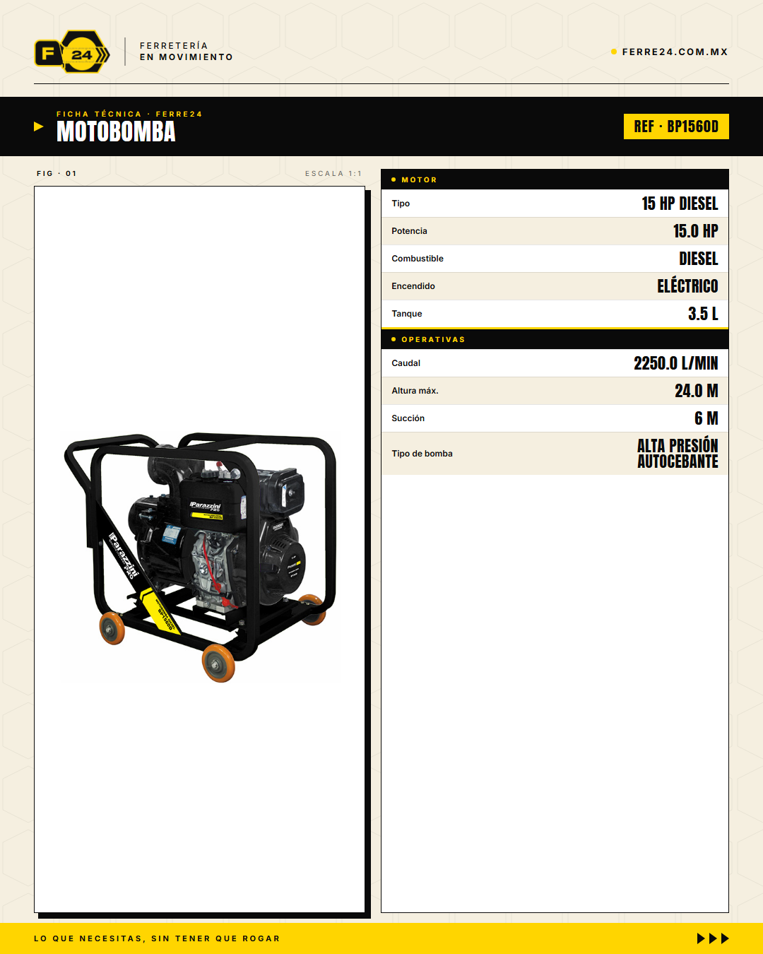 Motobomba Diésel Autocebante 15 HP — 6", el Máximo Caudal · specs