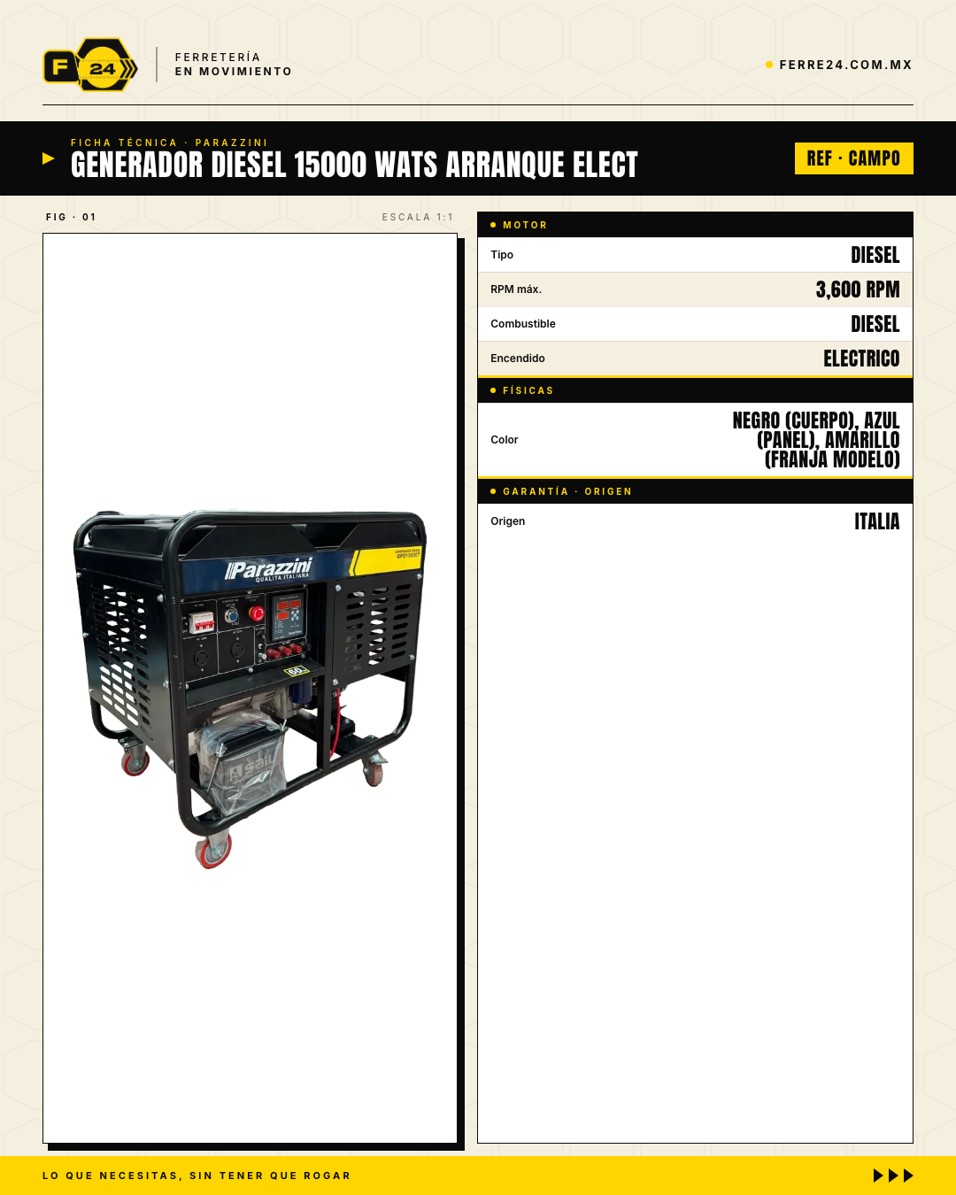 Generador Diesel Trifásico 15,000W / 18.75 kVA Arranque Eléctrico — Parazzini GPD15000T · specs