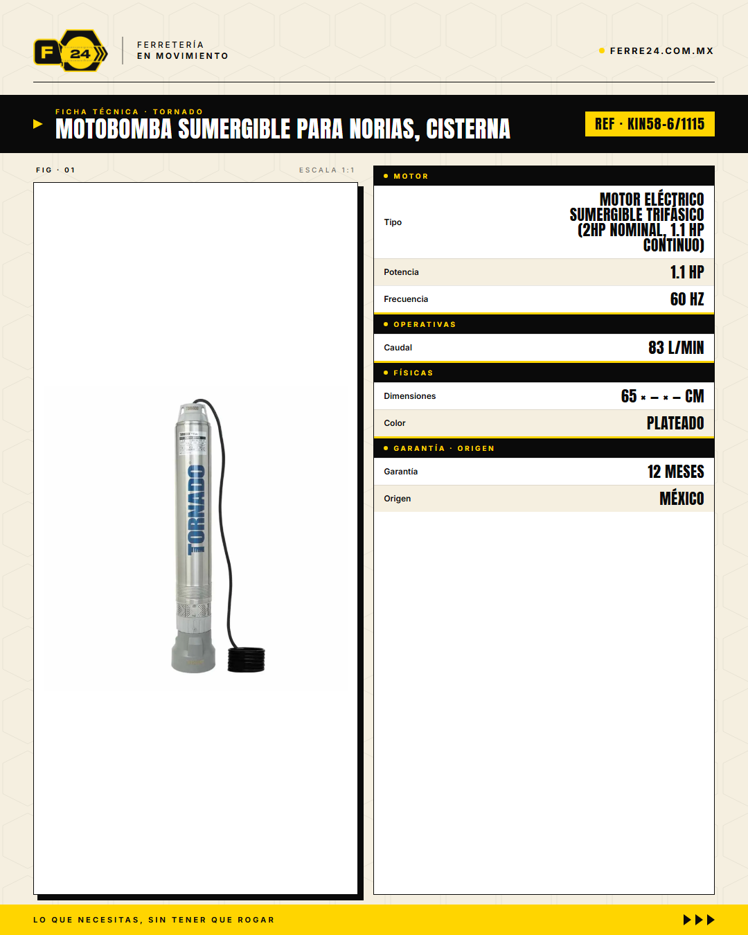 Bomba Sumergible TORNADO 4" 1.1 HP — Norias, Cisternas y Pozos hasta 50 m · specs