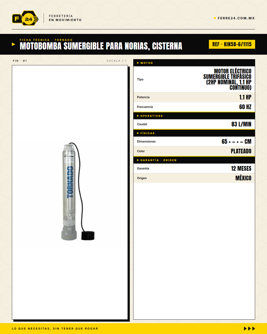 Bomba Sumergible TORNADO 4" 1.1 HP — Norias, Cisternas y Pozos hasta 50 m · specs