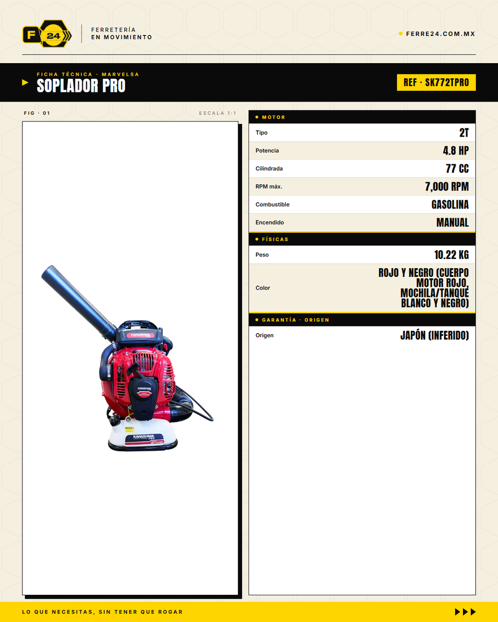 Soplador de Mochila Profesional 77cc — Kawashima Pro SK772TPRO · specs
