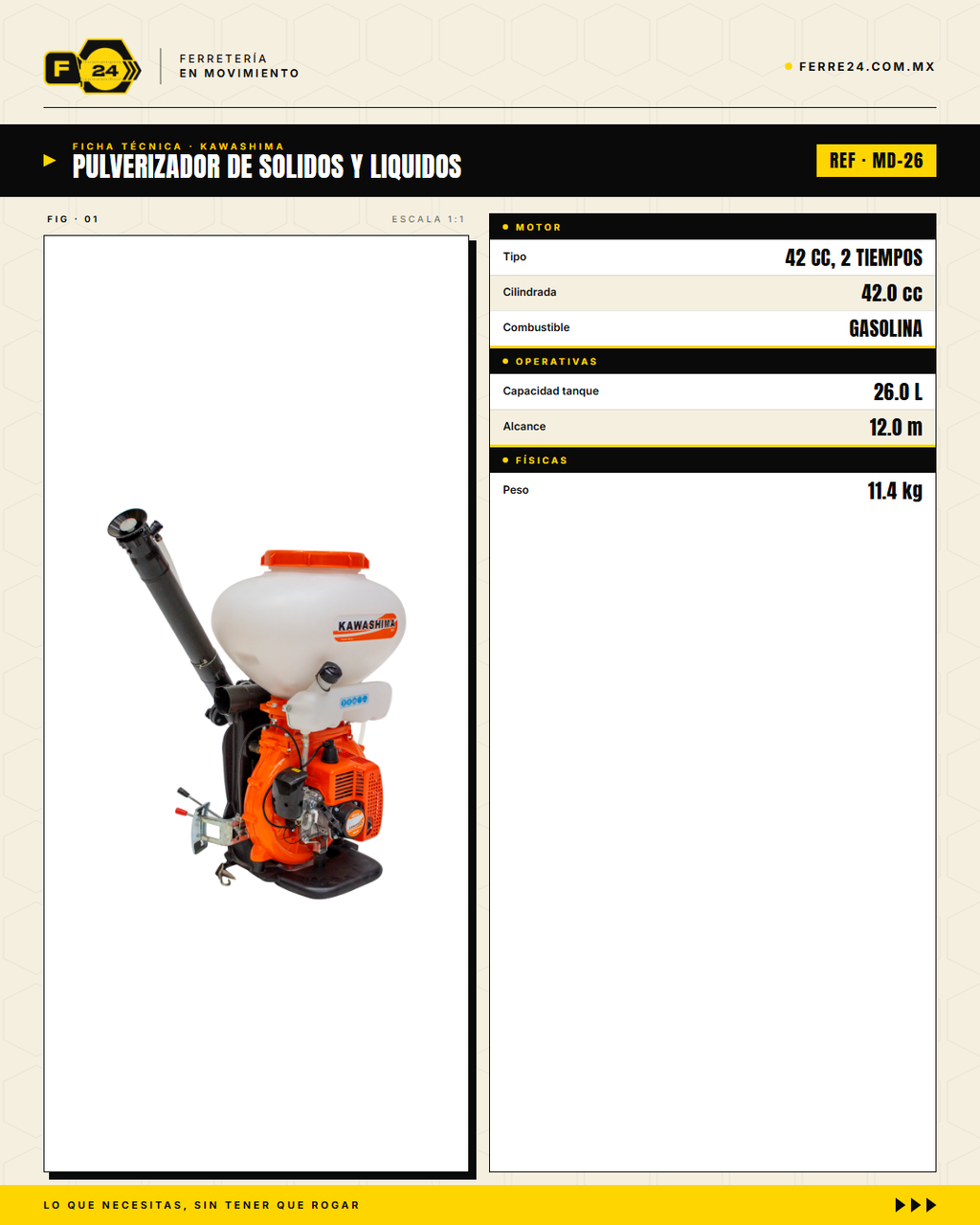 Pulverizador Kawashima 42 cc — Sólidos y Líquidos, Tanque de 26 L · specs