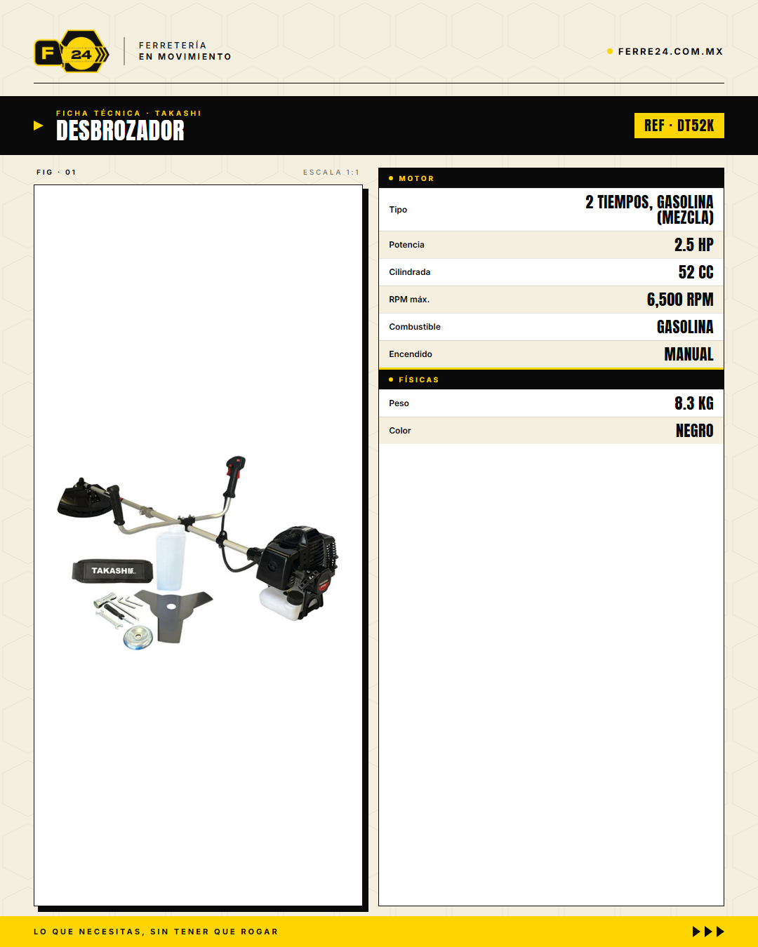 Desbrozadora Takashi DT52K 52 cc — Eje Entero, Kit Completo · specs