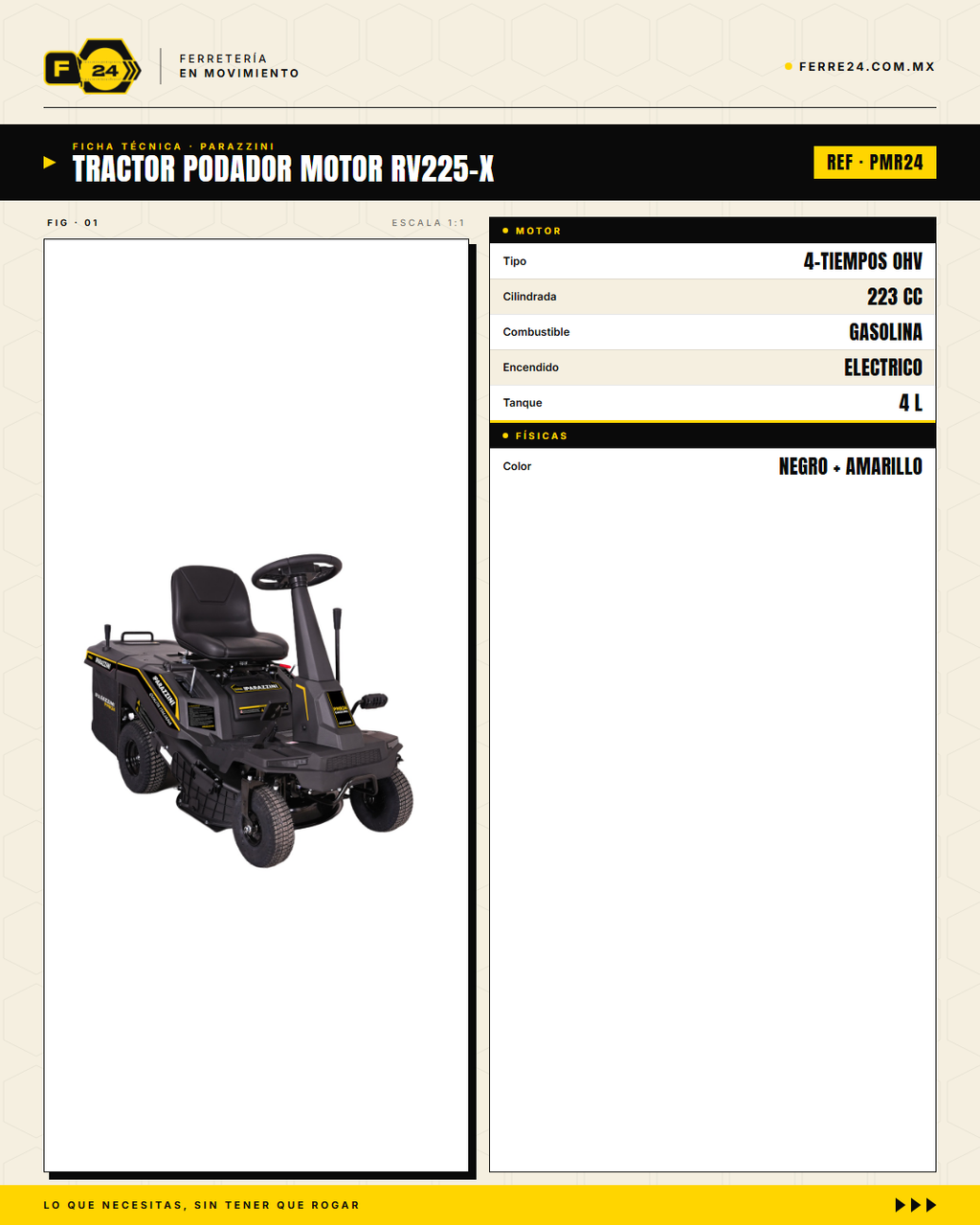 Tractor Podador Parazzini PMR24 — Motor 223cc 4T, 24 Pulgadas, Encendido Eléctrico · specs