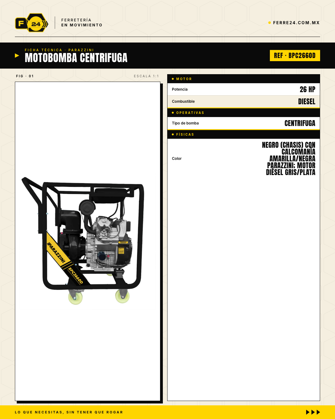 Motobomba Parazzini Centrífuga 26 HP 6" Diésel · specs