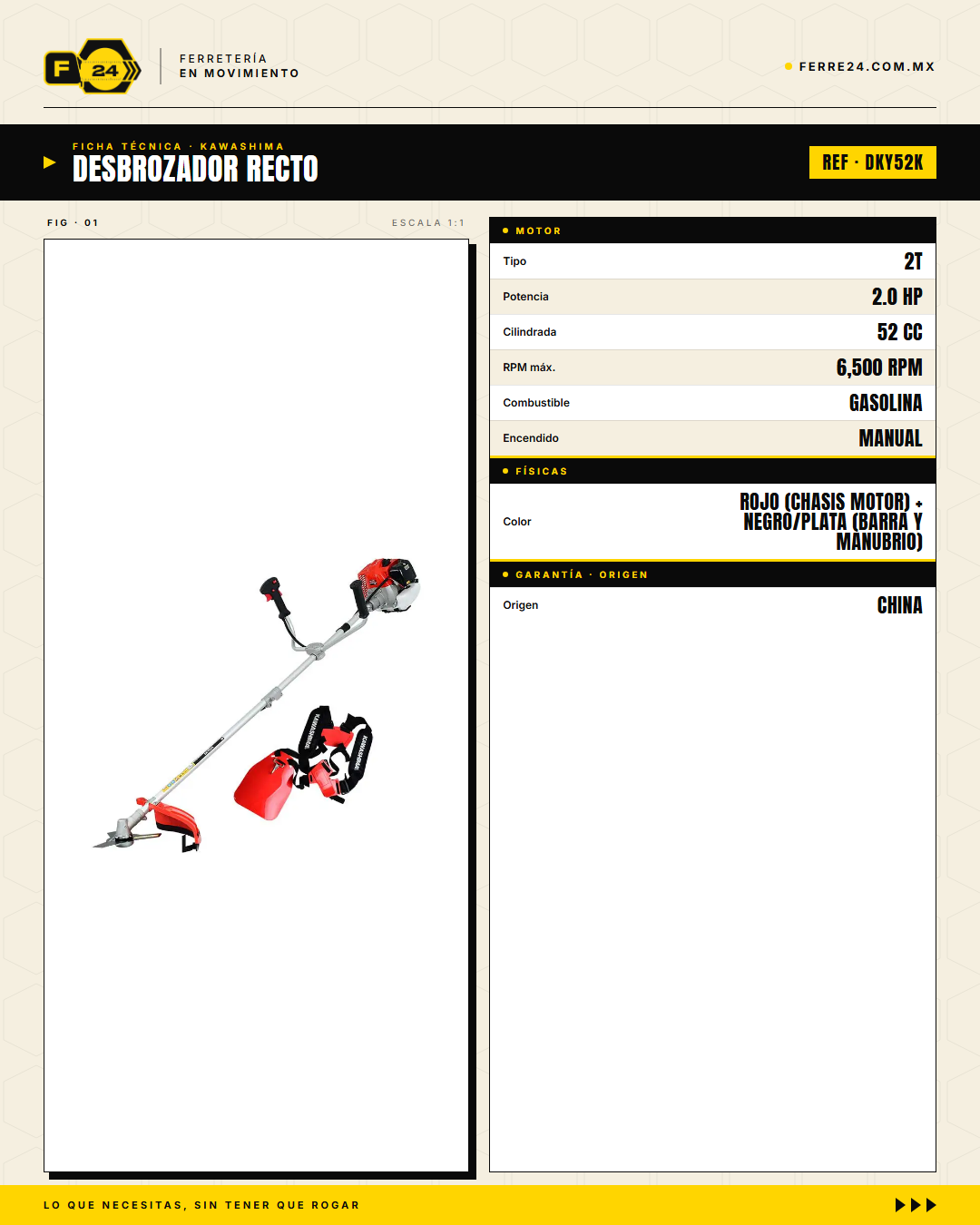 Desbrozador Kawashima DKY52K — recto, 52 cc, kit completo · specs