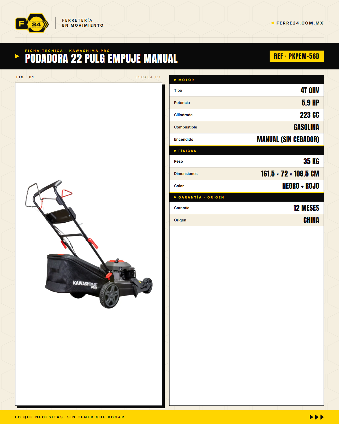 Podadora Kawashima Pro PKPEM-56D 22" 223cc 3-en-1 · specs