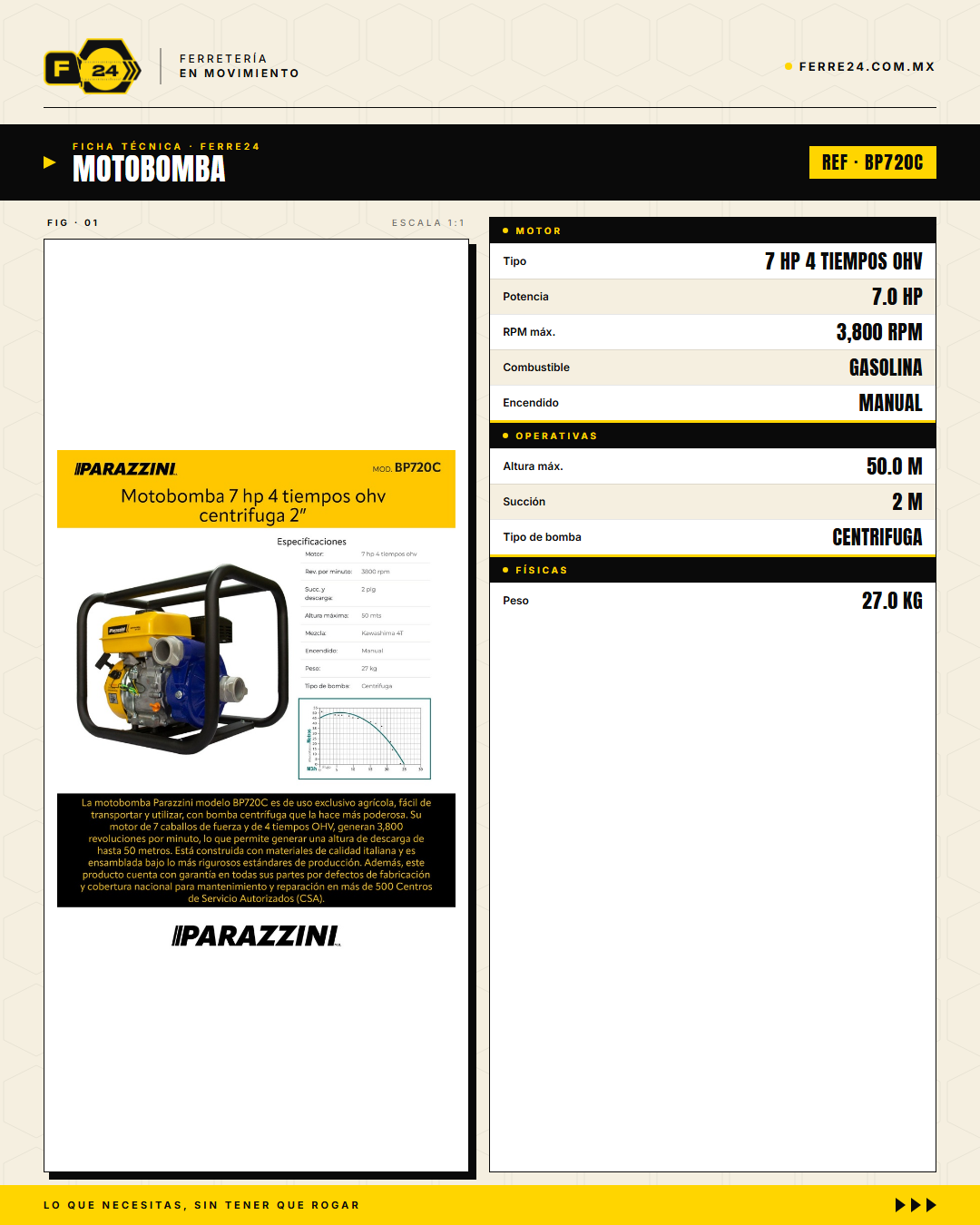 Motobomba Centrífuga 7 HP — 2", 50 m de Altura · specs