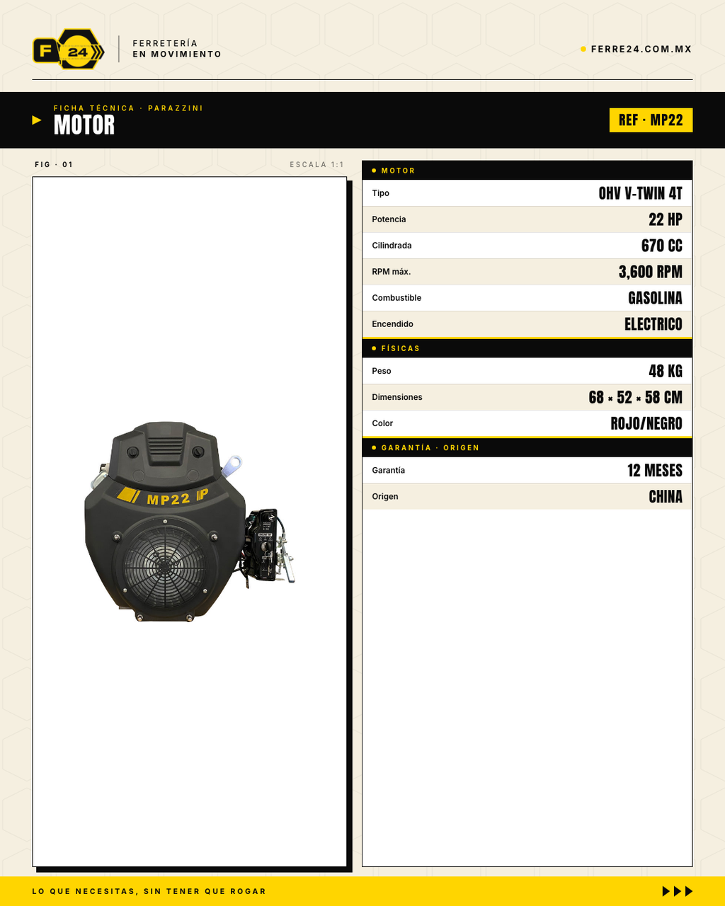 Motor Estacionario V-twin 22 HP Parazzini MP22 — Arranque Eléctrico · specs
