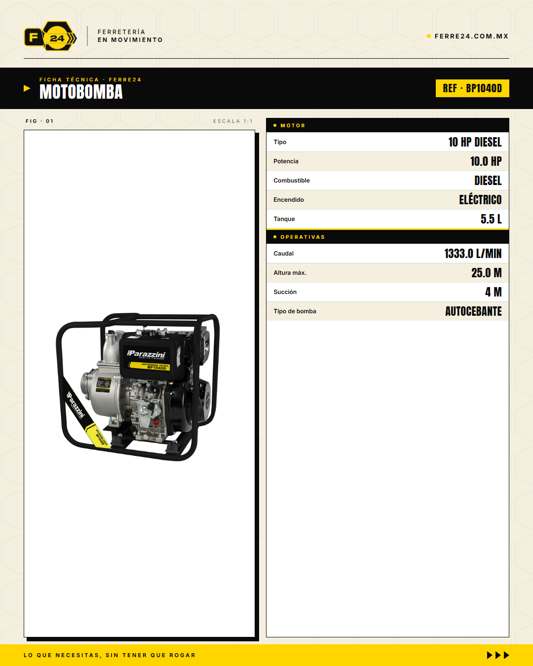 Motobomba Diésel Autocebante 10 HP — 4", 1,333 L/min · specs