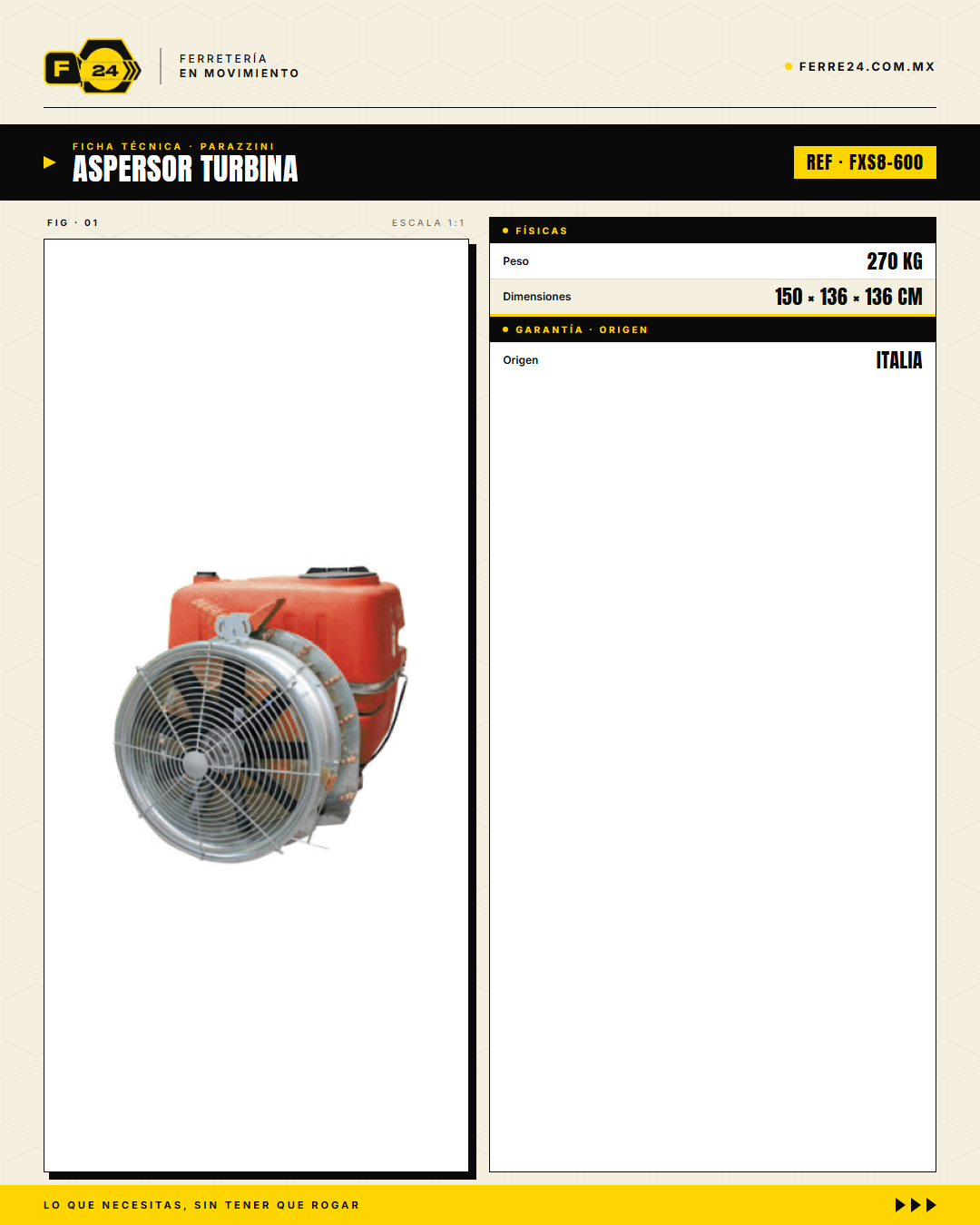 Aspersor Turbina Parazzini 600 L — PTO 50 HP · 32" · 24 Boquillas · specs