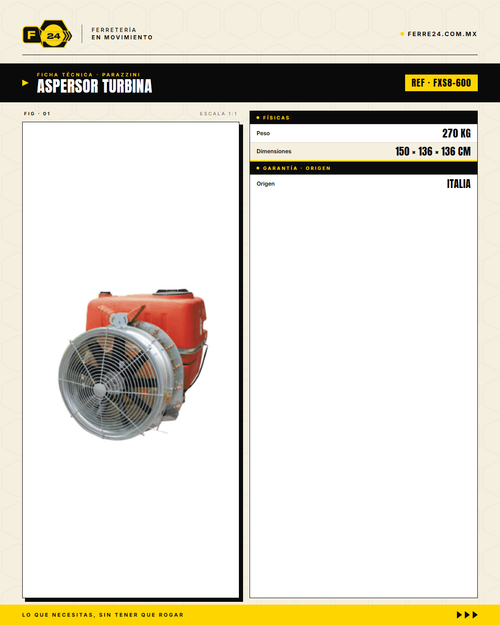 Aspersor Turbina Parazzini 600 L — PTO 50 HP · 32" · 24 Boquillas · specs