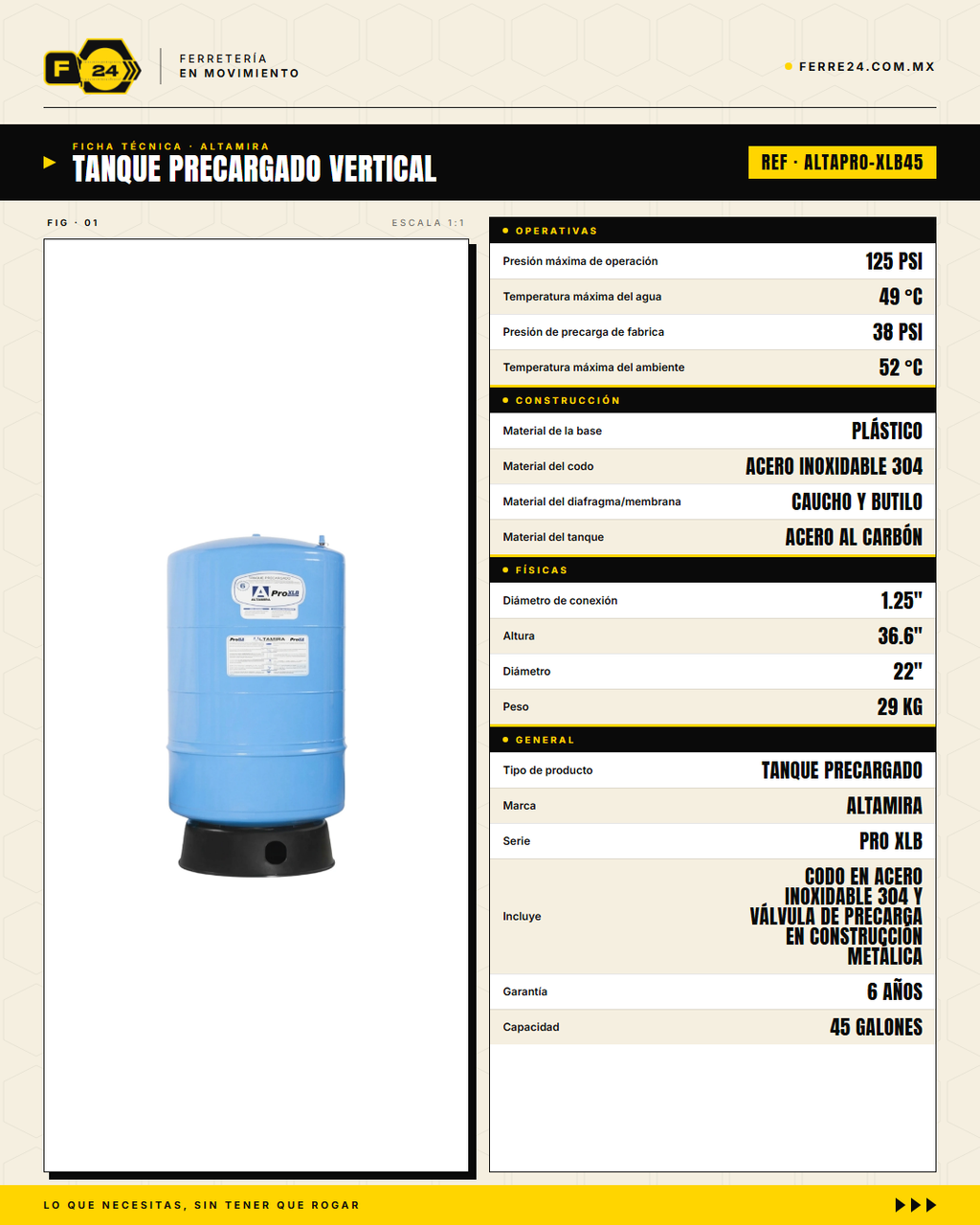 Tanque Precargado Vertical ALTAMIRA PRO XLB45 — 45 Gal, 125 psi, Diafragma, Garantía 6 Años · specs