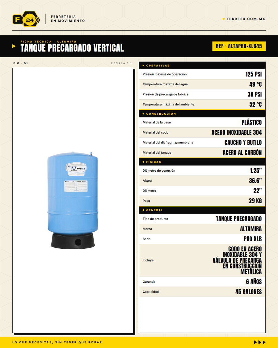 Tanque Precargado Vertical ALTAMIRA PRO XLB45 — 45 Gal, 125 psi, Diafragma, Garantía 6 Años · specs