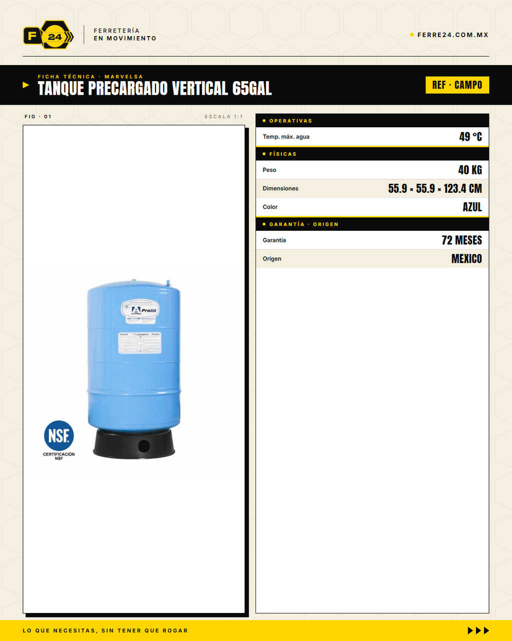 Tanque Precargado Vertical 65 gal ALTAMIRA — NSF/ANSI, Garantía 6 Años · specs