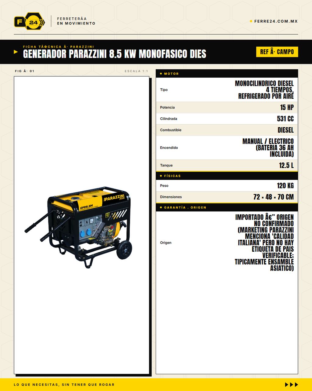 Generador Diésel Parazzini GPD8.5M — ficha técnica