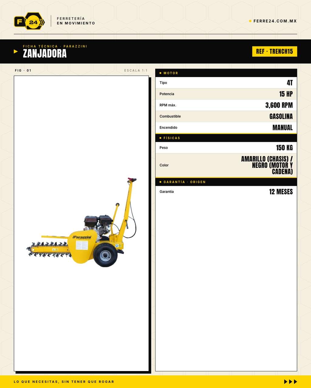 Zanjadora Parazzini TRENCH15 — Motor 15 HP con doble filtro de aire · specs