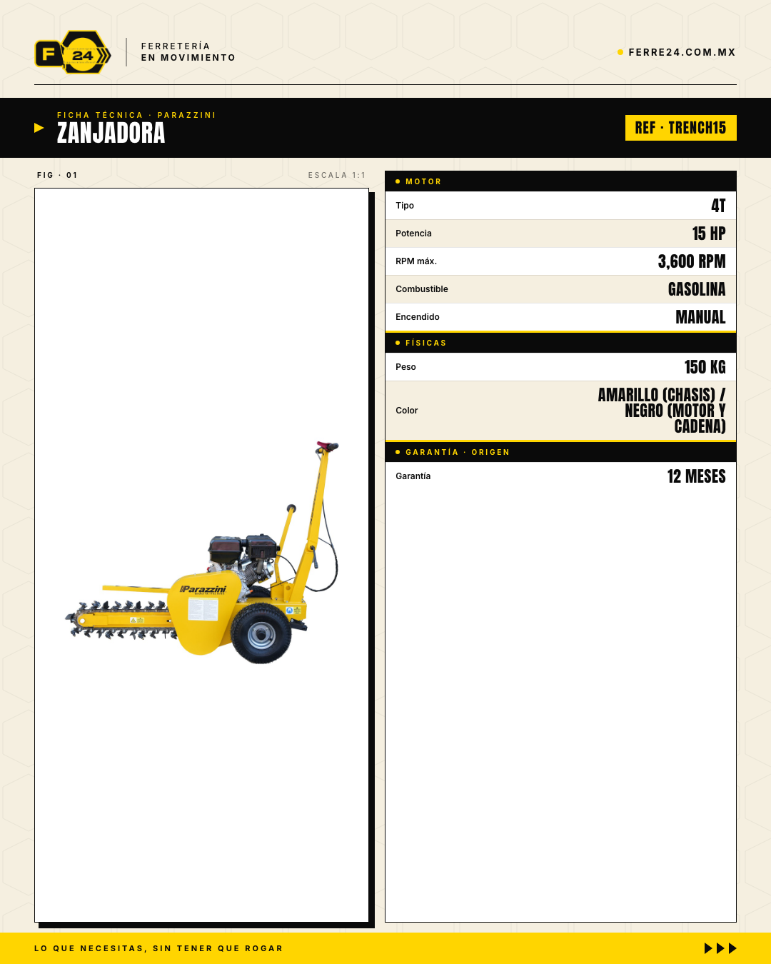 Zanjadora Parazzini TRENCH15 — Motor 15 HP con doble filtro de aire · specs