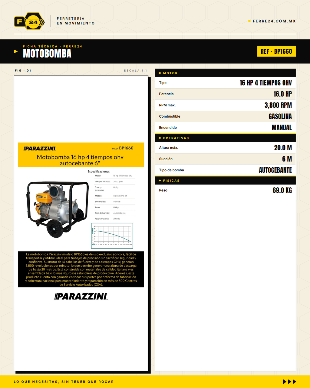 Motobomba Autocebante 16 HP — 6", el Máximo Caudal · specs