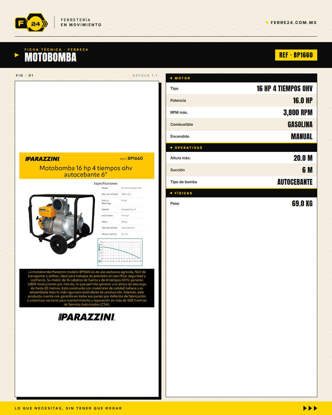 Motobomba Autocebante 16 HP — 6", el Máximo Caudal · specs