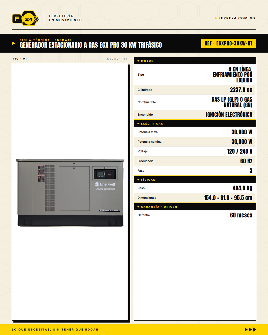 Generador Estacionario a Gas 30 kW — EGX PRO, Trifásico · specs