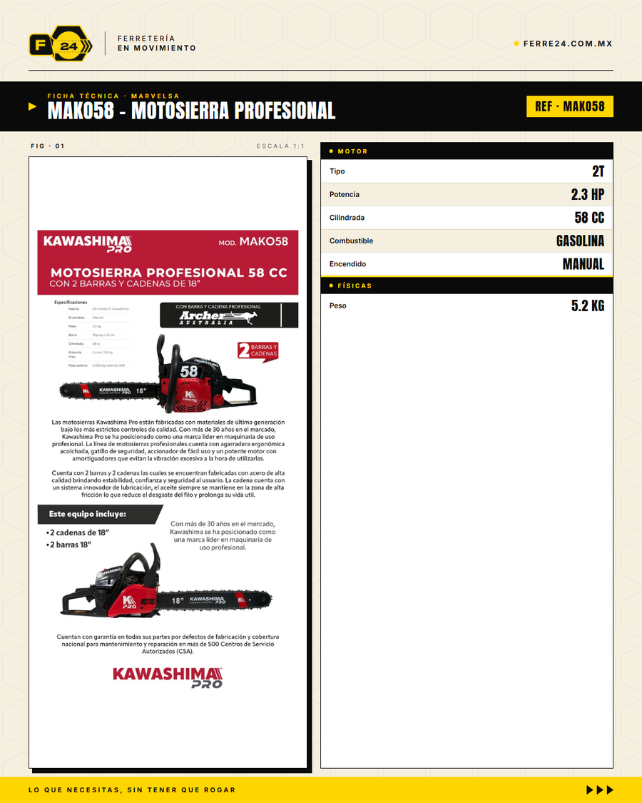 Motosierra Kawashima Pro 58 cc — Kit completo, lista para trabajar · specs