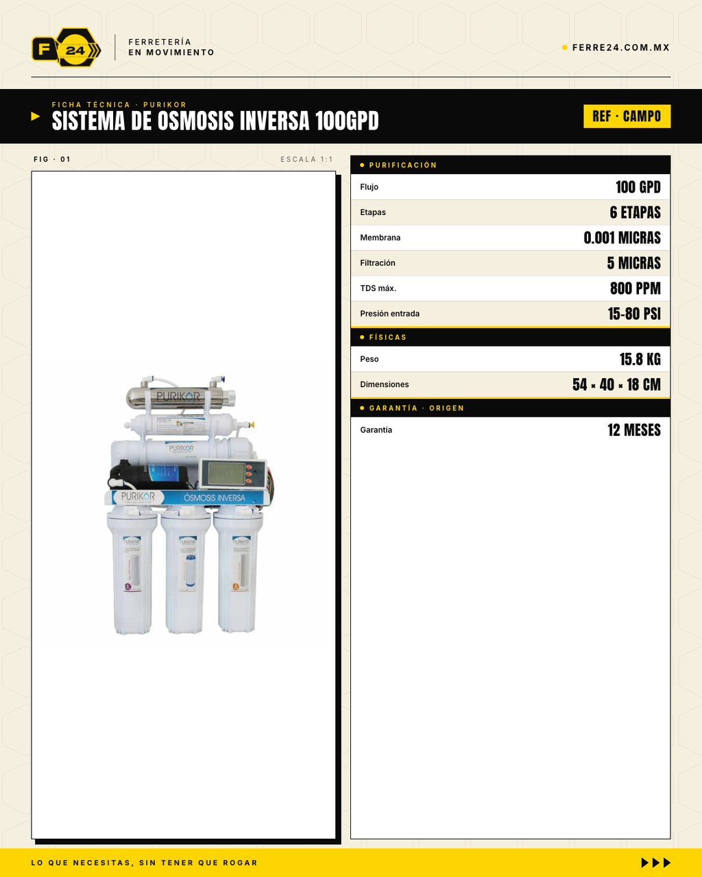 Sistema de Ósmosis Inversa 6 Etapas con UV y Bomba PURIKOR 100 GPD · specs