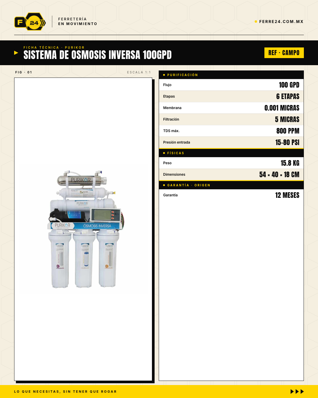 Sistema de Ósmosis Inversa 6 Etapas con UV y Bomba PURIKOR 100 GPD · specs