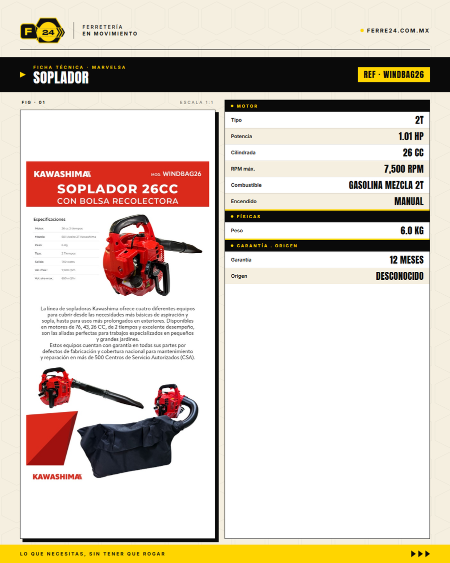 Soplador-aspirador Kawashima 26 cc con bolsa recolectora · specs