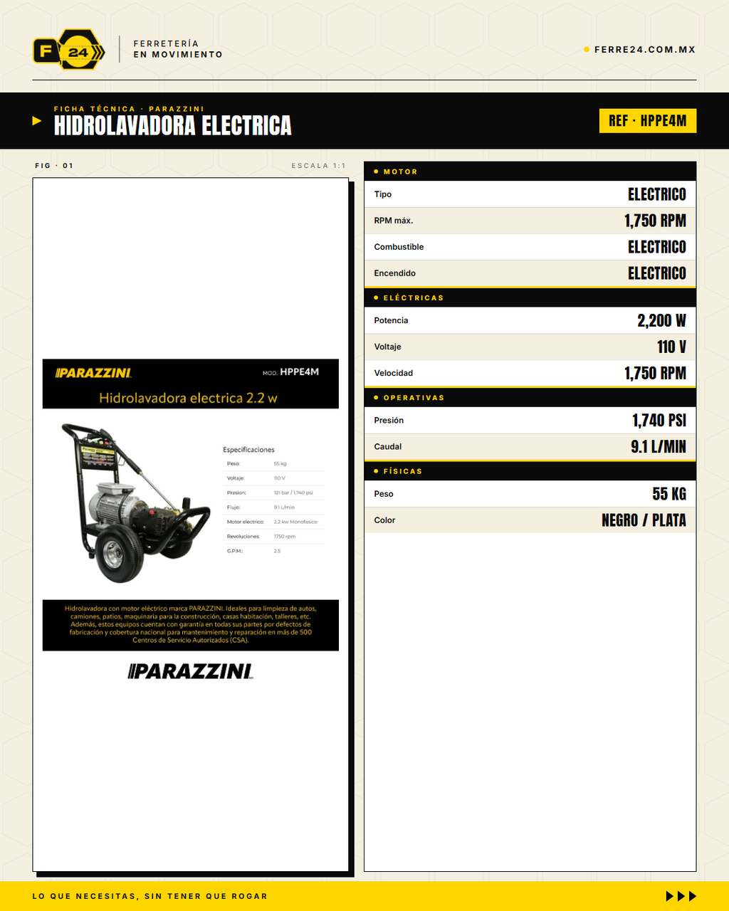 Hidrolavadora Eléctrica Parazzini HPPE4M — 1,740 PSI / 2.5 GPM · specs